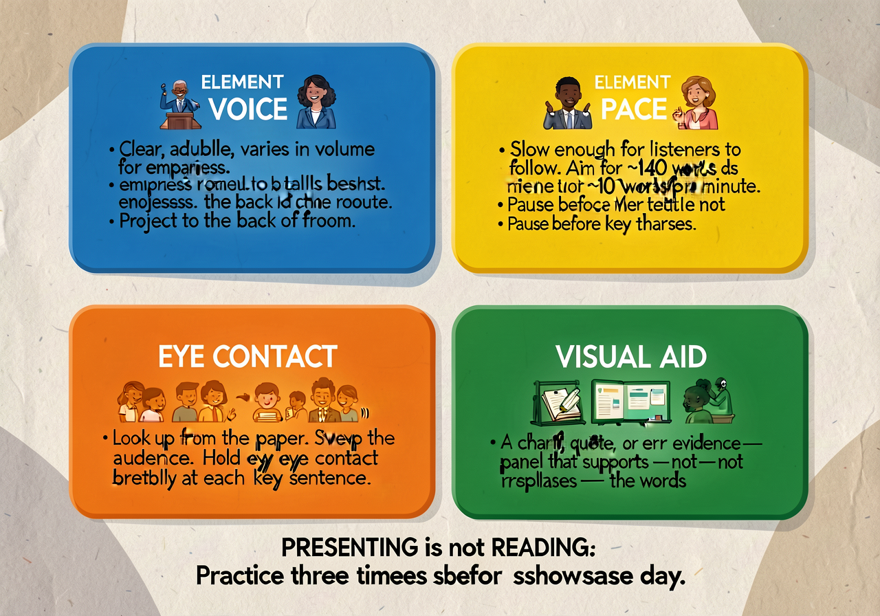 Public-speaking anchor: 4-element card. ELEMENT 1 (blue) — VOICE: 'Clear, audible, varies in volume for emphasis. Projec