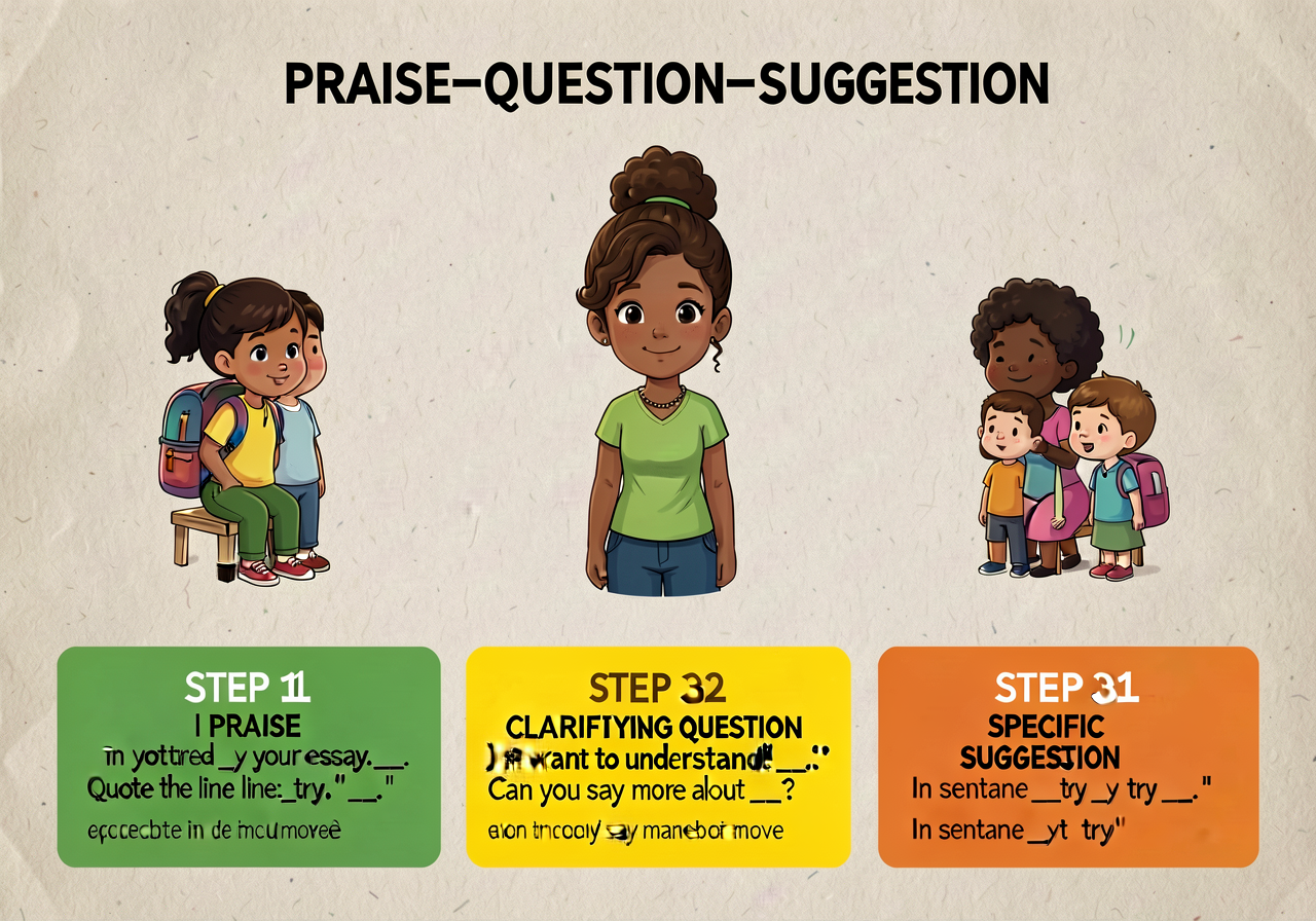 PRAISE-QUESTION-SUGGESTION peer protocol card: 3-step card. STEP 1 (green) — PRAISE: 'I noticed ___ in your essay. Quote