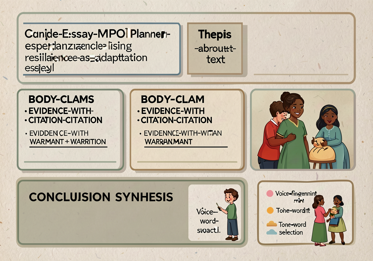 Literary-essay MPO planner: top row = text+author+thesis-about-text box; middle row = 3 body-claim boxes each with EVIDE