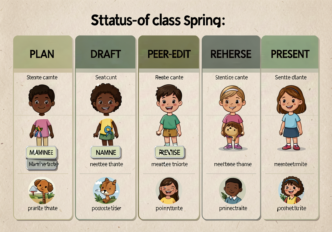 Status-of-class spring chart (6 stages): PLAN | DRAFT | REVISE | PEER-EDIT | REHEARSE | PRESENT. Each child has a magnet
