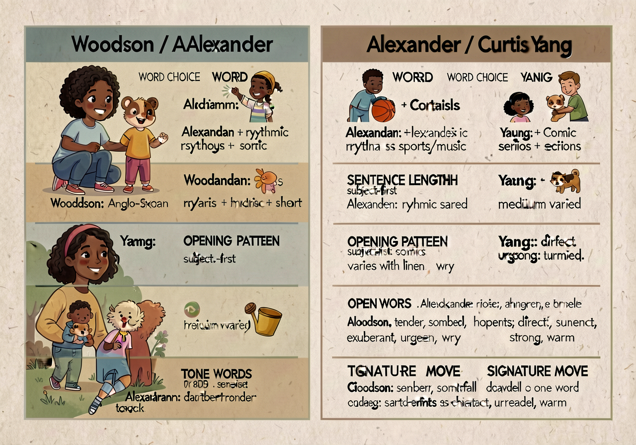 Voice-fingerprint comparison anchor: 4-column side-by-side study of Woodson / Alexander / Curtis / Yang. For each: WORD 
