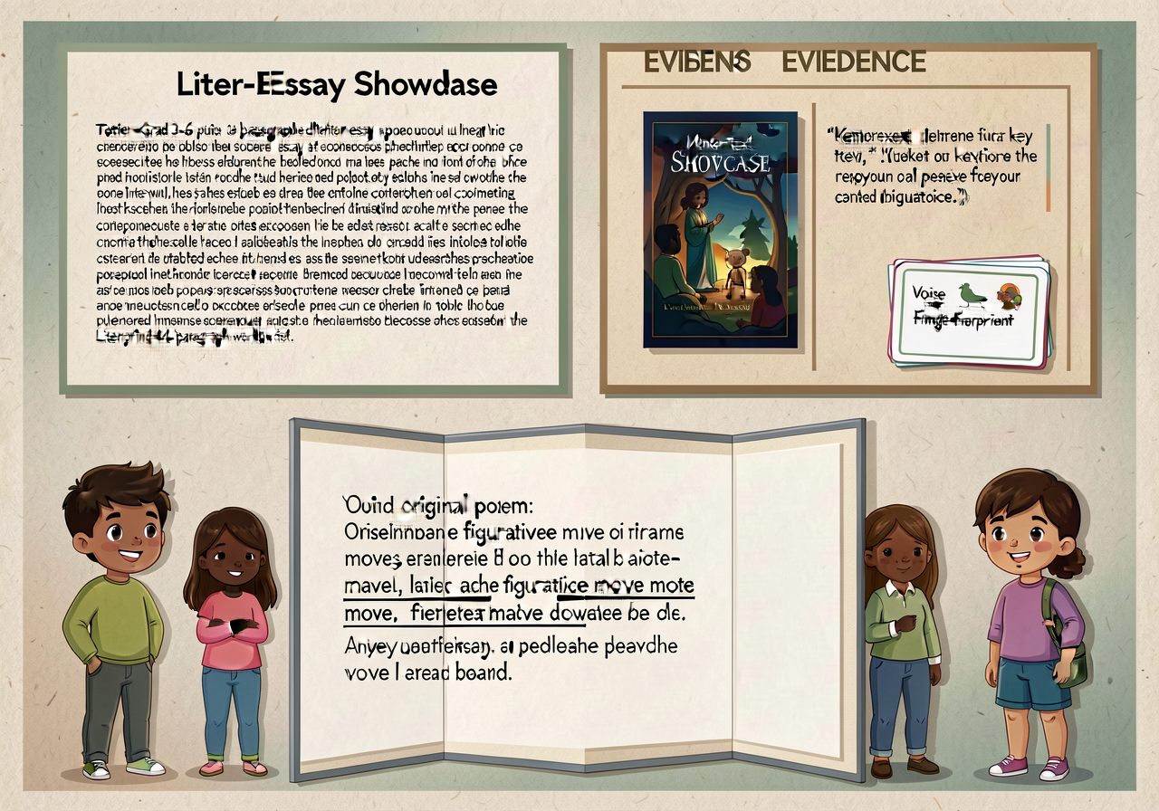 Literary-Essay Showcase planning poster: 3-section card showing layout — TOP LEFT: published 4-6 paragraph literary essa