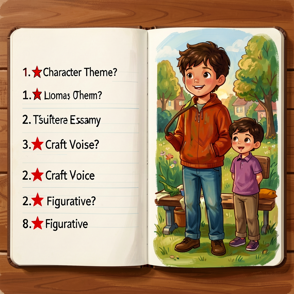 Reference image of a Grade-5 child's notebook spread with 8 literary-essay questions in left column (mixed: character, t