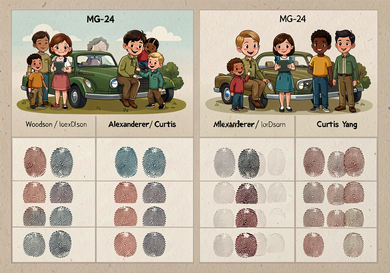 Reproduction of MG-24 at 18x24: 4-column side-by-side comparison (Woodson / Alexander / Curtis / Yang) with 5 fingerprin