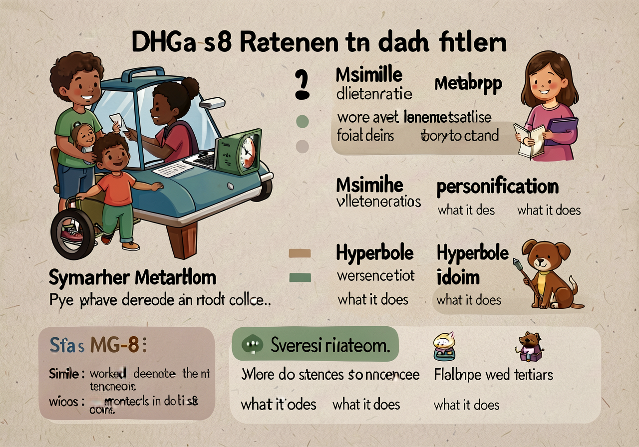 Reproduction of MG-8 at 11x17: 5 categories (simile / metaphor / personification / hyperbole / idiom) with worked senten