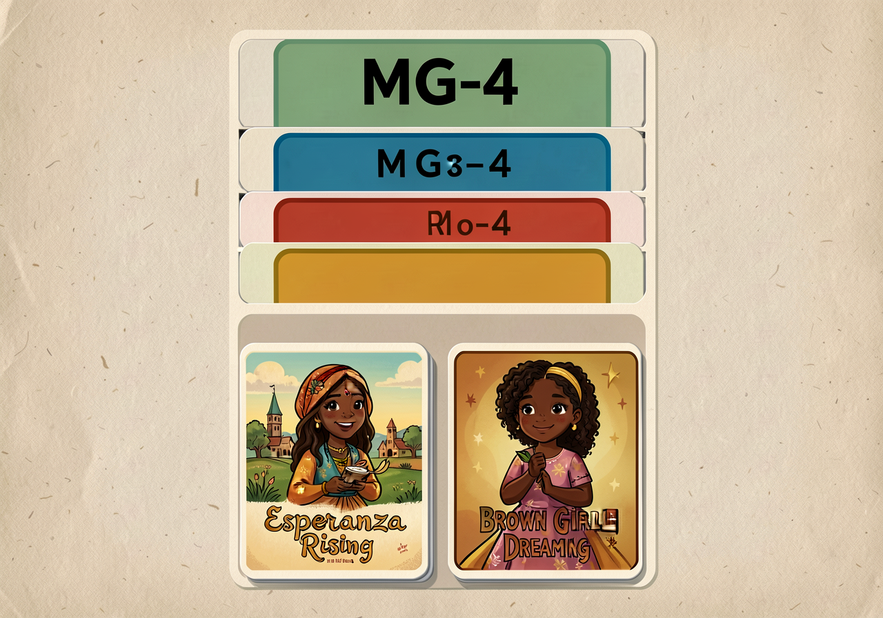 Reproduction of MG-4 at 11x17: 4-slot stacked card with two worked examples (Esperanza Rising, Brown Girl Dreaming) belo