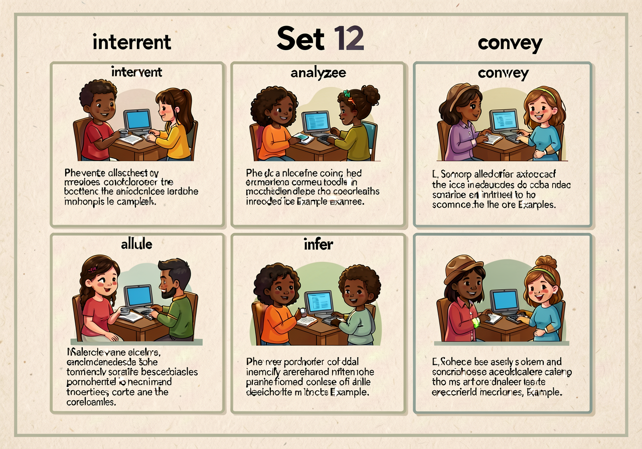 11x17 anchor showing 5 Set 12 words (interpret, analyze, infer, allude, convey) in grid; each cell with photo + definiti