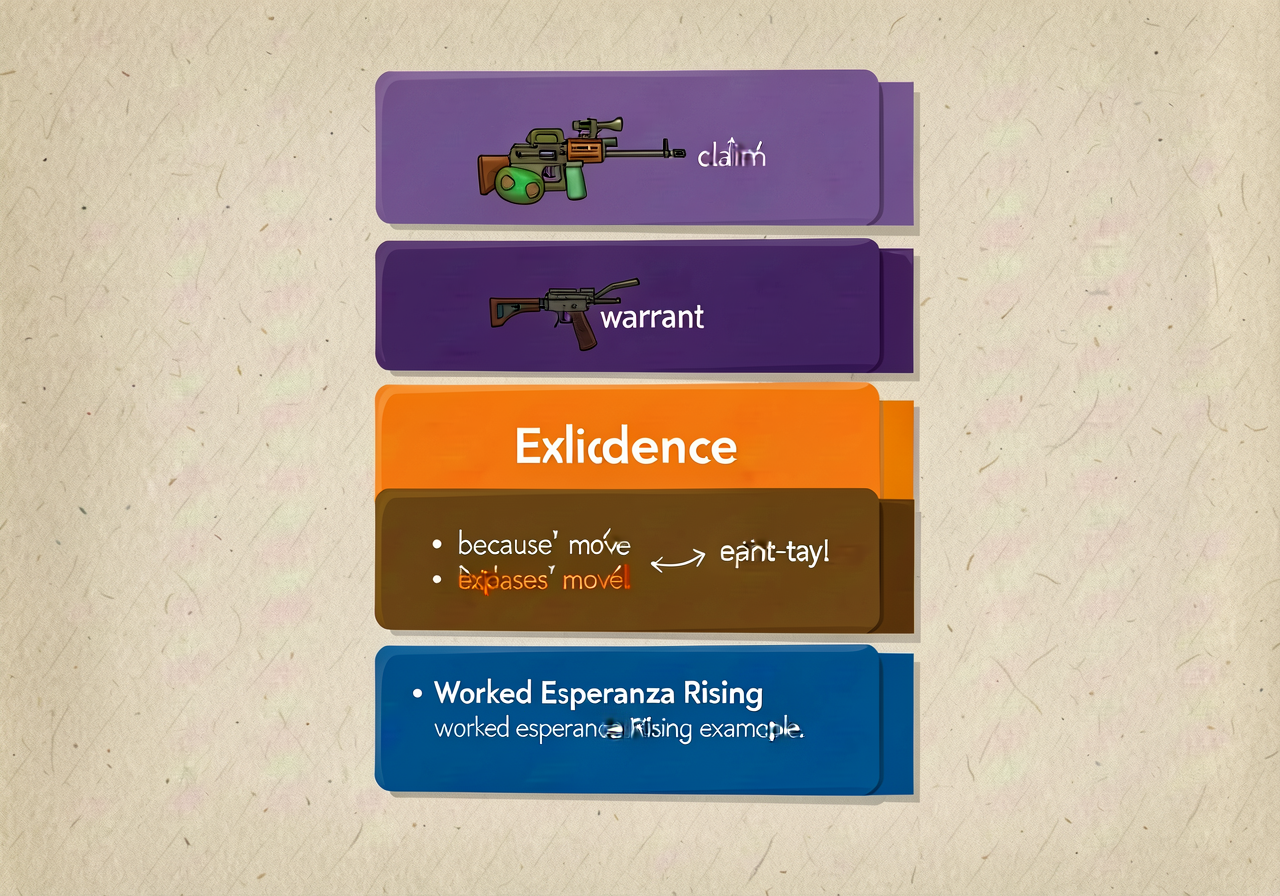 Reproduction of MG-3 at 11x17: 3-band stacked card (claim purple / evidence orange / warrant blue) with worked Esperanza