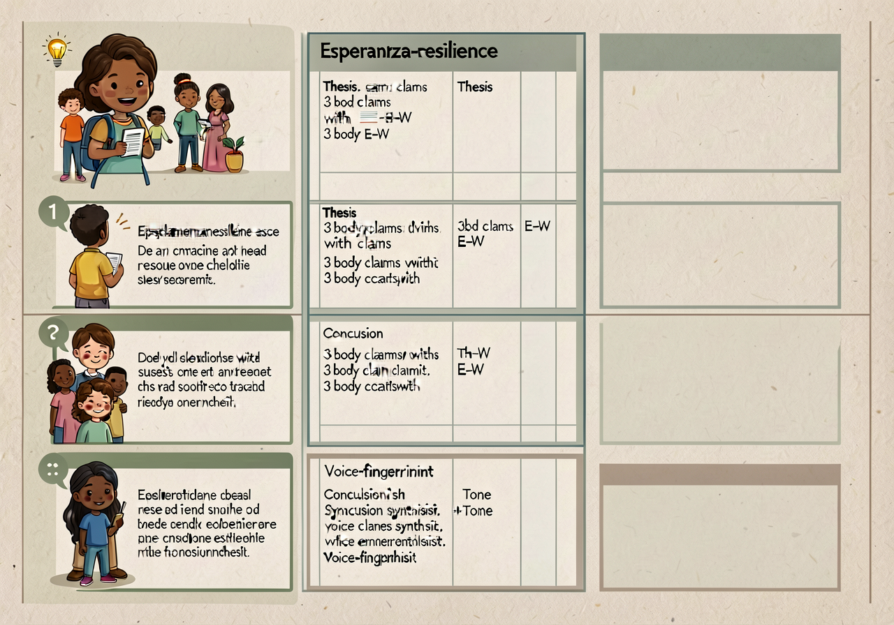 Reproduction of MG-20 at 11x17: 4-row planner template with Esperanza-resilience essay fully filled in (text/author/thes