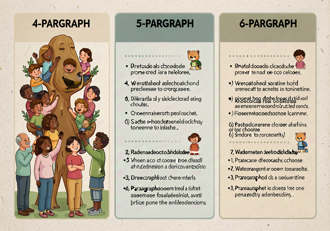 11x17 chart: 3-column comparison of 4-paragraph / 5-paragraph / 6-paragraph variants. Each column shows when to choose. 