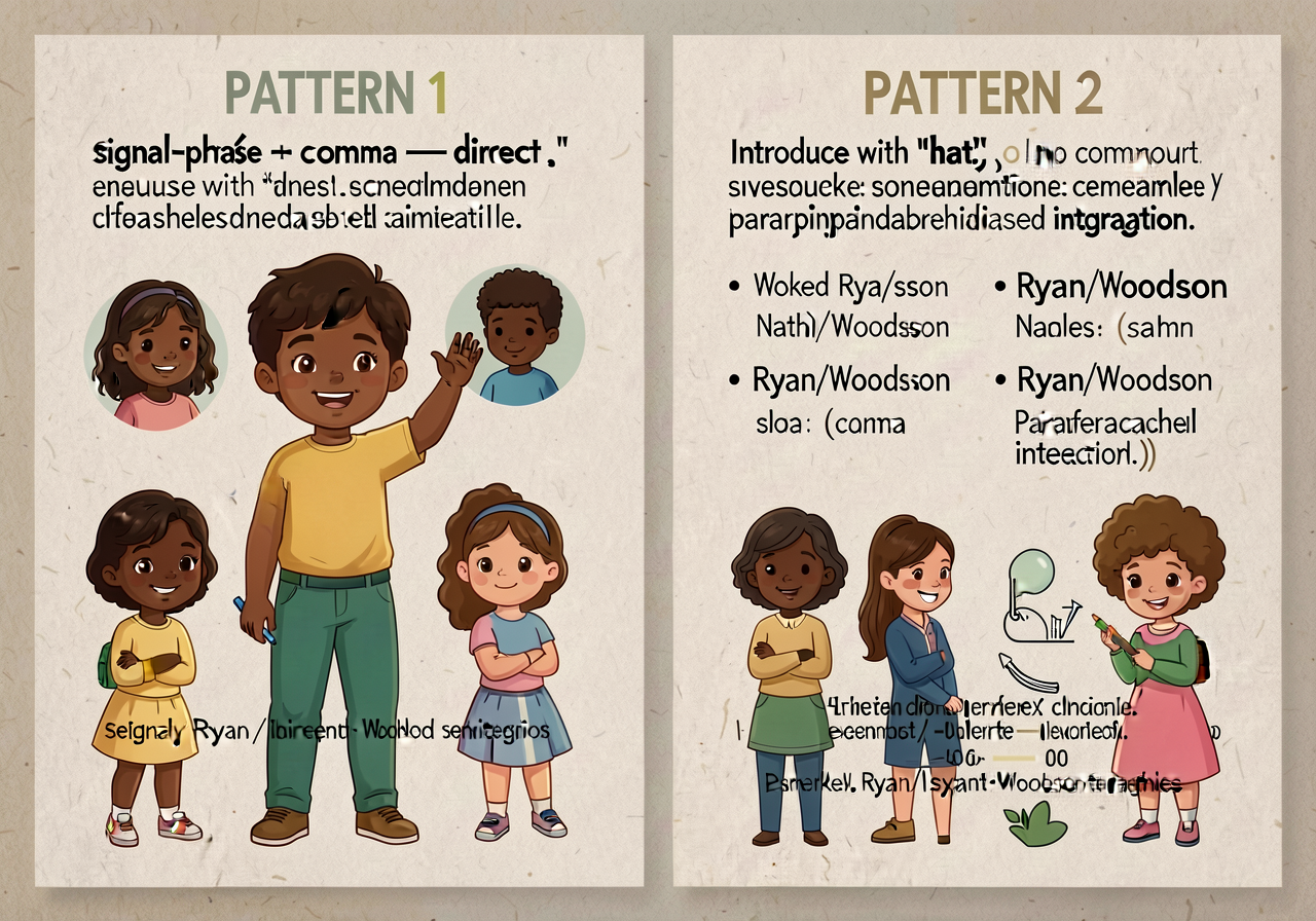 Side-by-side 11x17 chart: PATTERN 1 (signal-phrase + comma + direct quote) and PATTERN 2 (introduce with 'that', no comm