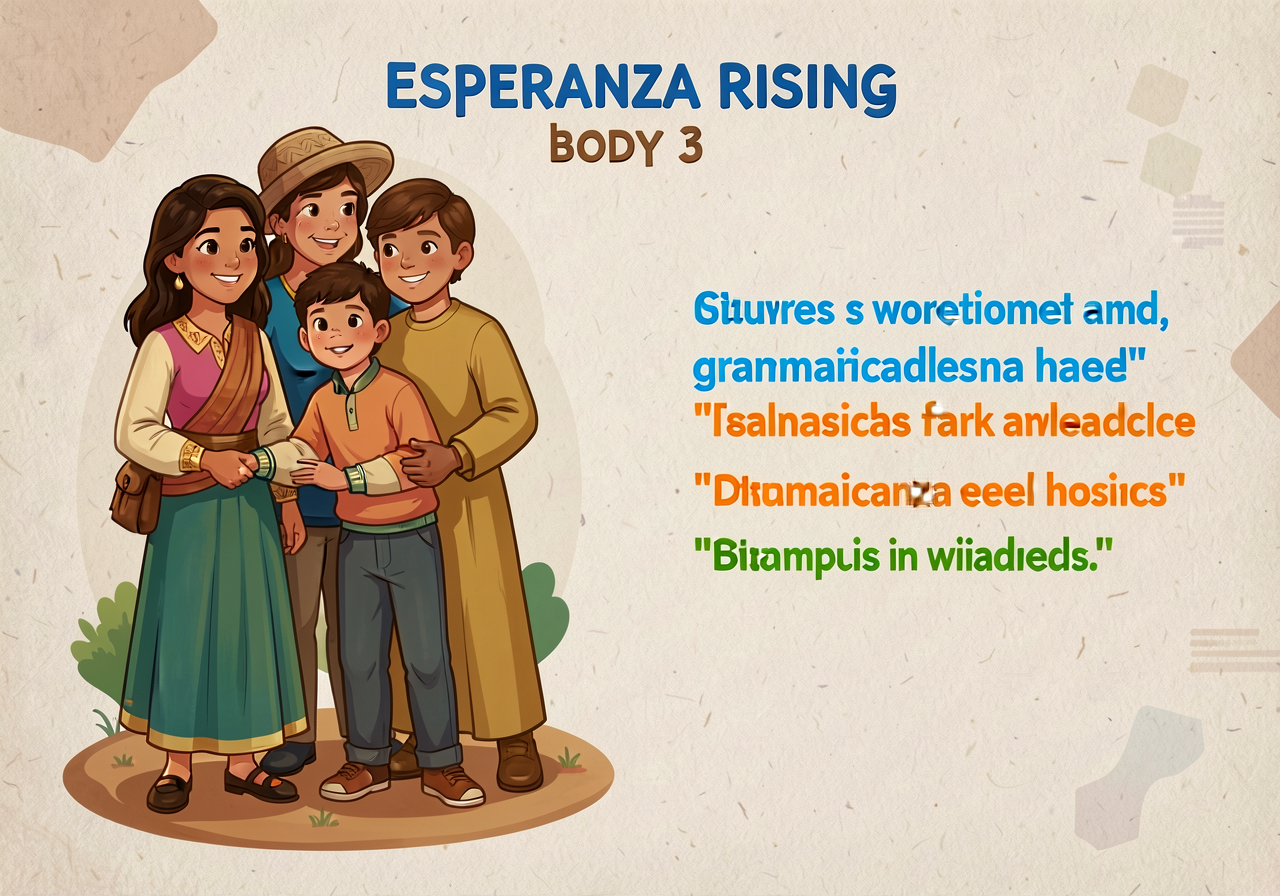 11x17 chart: pattern 3 worked example from Esperanza Rising body 3 with grammatical integration shown in color — child's