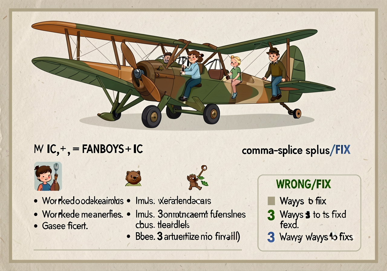 Reproduction of MG-10 at 11x17: rule (IC + comma + FANBOYS + IC) with 3 worked examples PLUS comma-splice WRONG/FIX sect