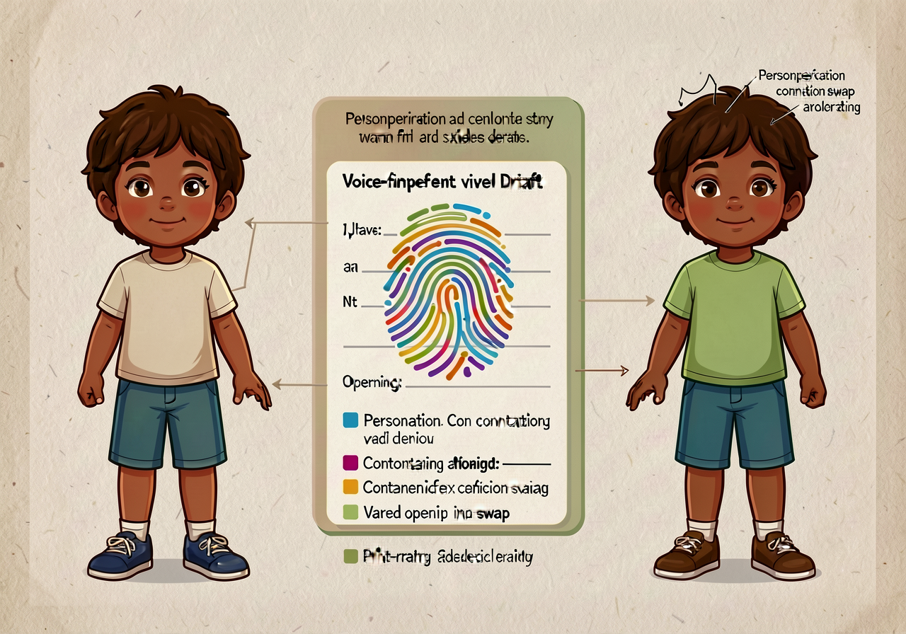 11x17 chart: child's draft on left, voice-fingerprint card filled in middle, revised draft on right. Color-coded annotat