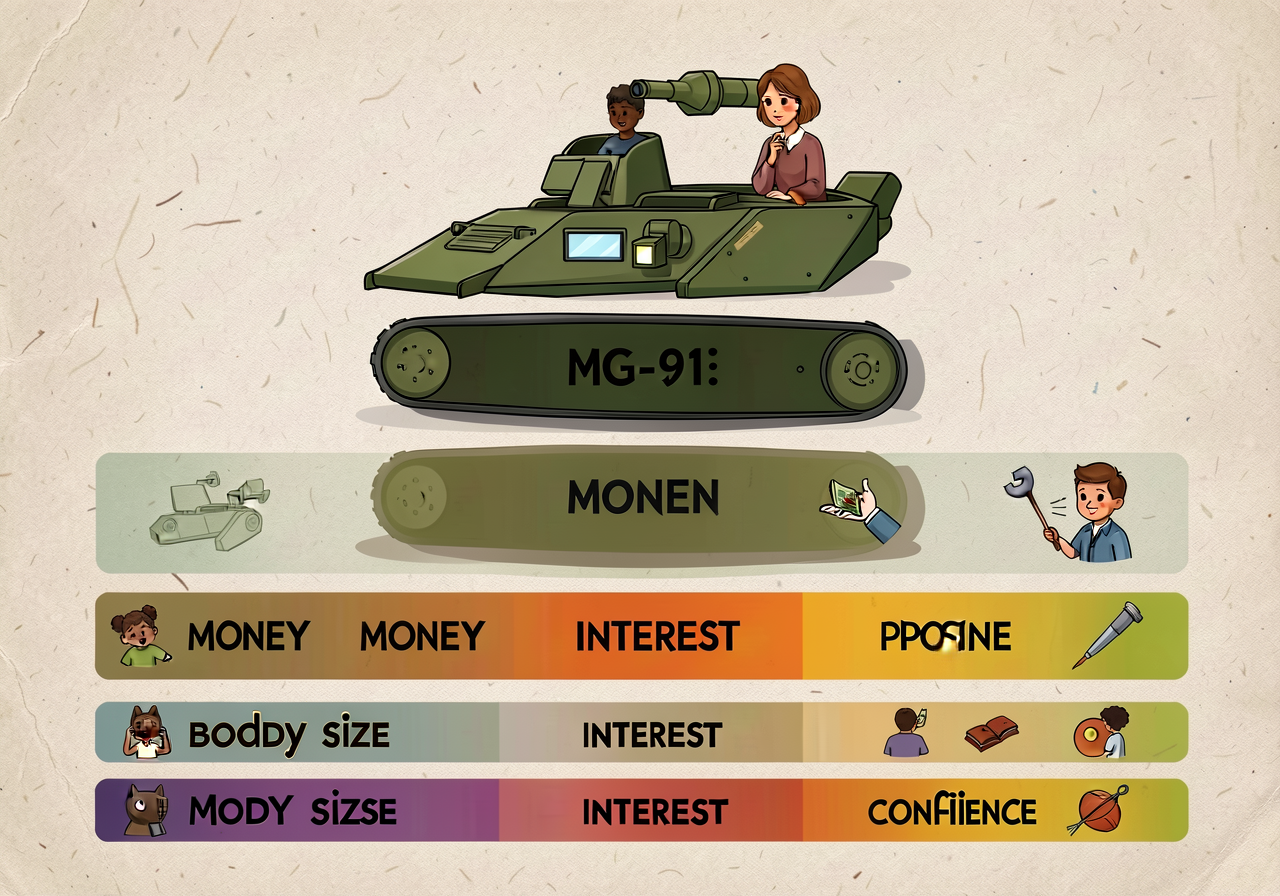 Reproduction of MG-9 at 11x17: 4 word-gradient strips (money / body size / interest / confidence). Each strip shows 3-5 