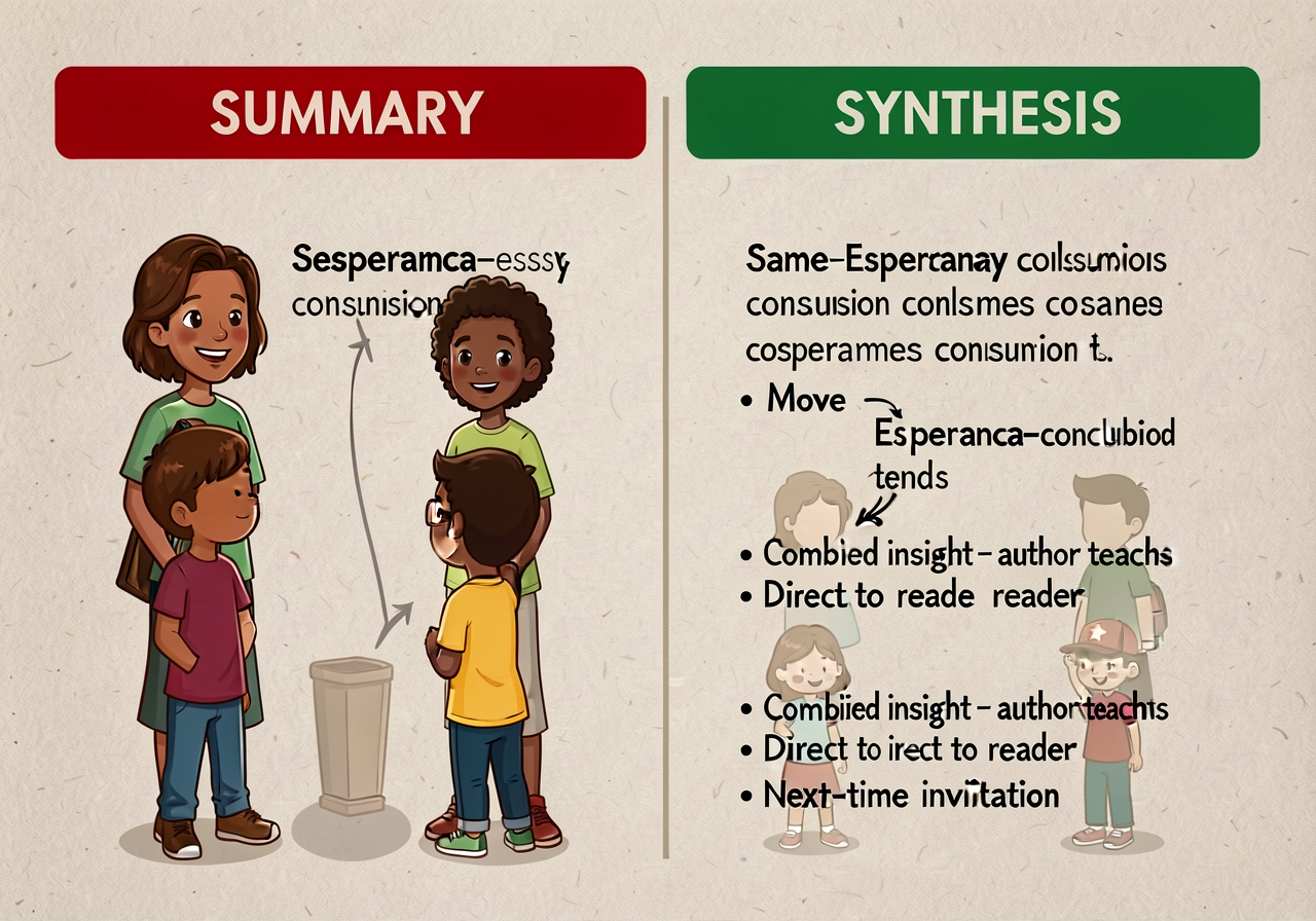 11x17 chart: two-column comparison SUMMARY (left, red label) vs. SYNTHESIS (right, green label) with same-Esperanza-essa