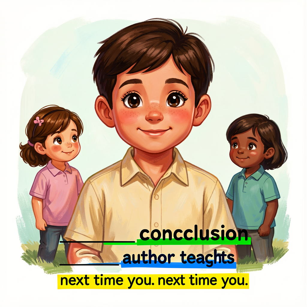 Reference image of a Grade-5 typed conclusion with synthesis sentence underlined green, 'author teaches' line in blue, '