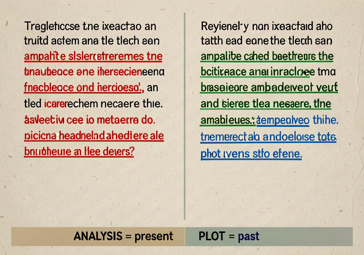 11x17 chart: original paragraph on left with mixed tenses in red; revised paragraph on right with analytical verbs under