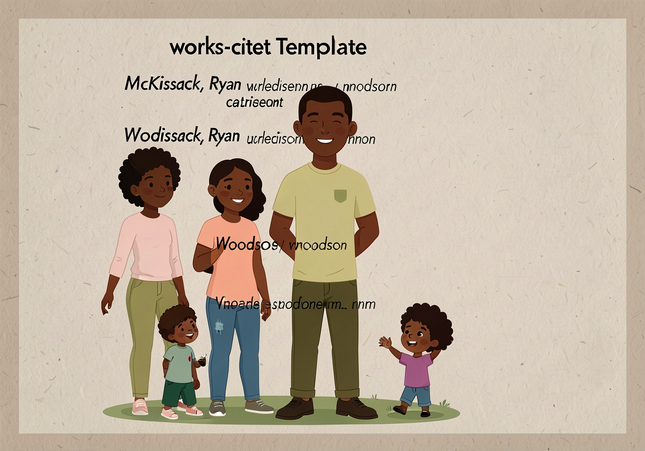 11x17 chart: works-cited template with 3 worked entries (McKissack, Ryan, Woodson) alphabetized and with italicized book