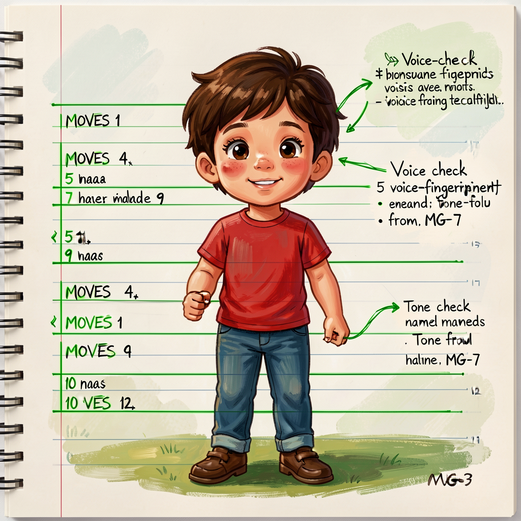 Reference image of a Grade-5 child's typed draft with green-pencil margin annotations showing MOVES 1, 4, 5, 7, 9, 10, 1