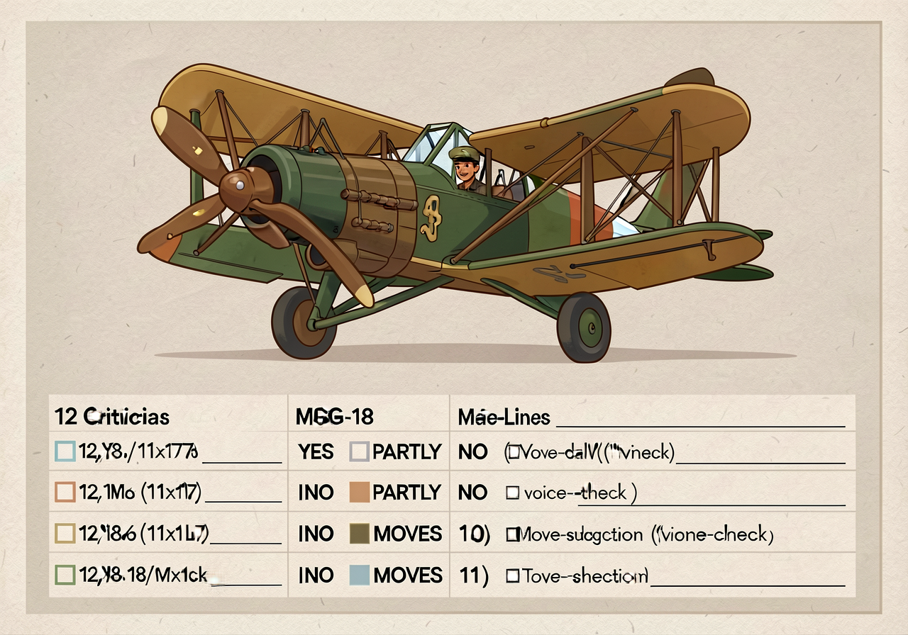 Reproduction of MG-18 at 11x17: 12 criteria with YES/PARTLY/NO checkboxes, quote-line space, and move-suggestion space p