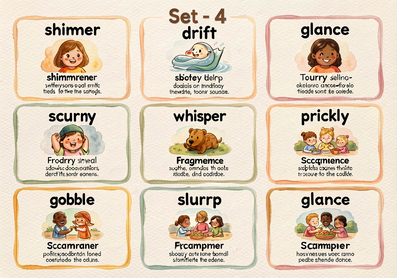 10-card grid display showing all Set 4 words: shimmer, drift, scurry, whisper, fragrance, prickly, gobble, slurp, scampe