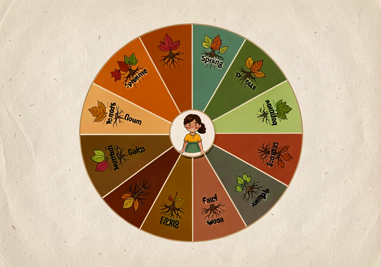 18x24 chart: combined fall (12) + spring (8) roots wheel. 20 wedges total, each with root + meaning + 3 example words. P