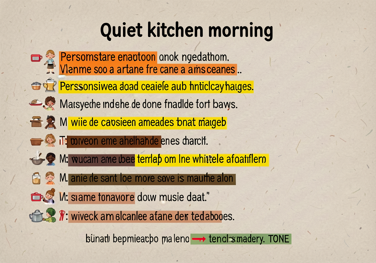 11x17 chart: sample 7-line 'quiet kitchen morning' poem with annotations showing PERSONIFICATION (orange highlight), SEN