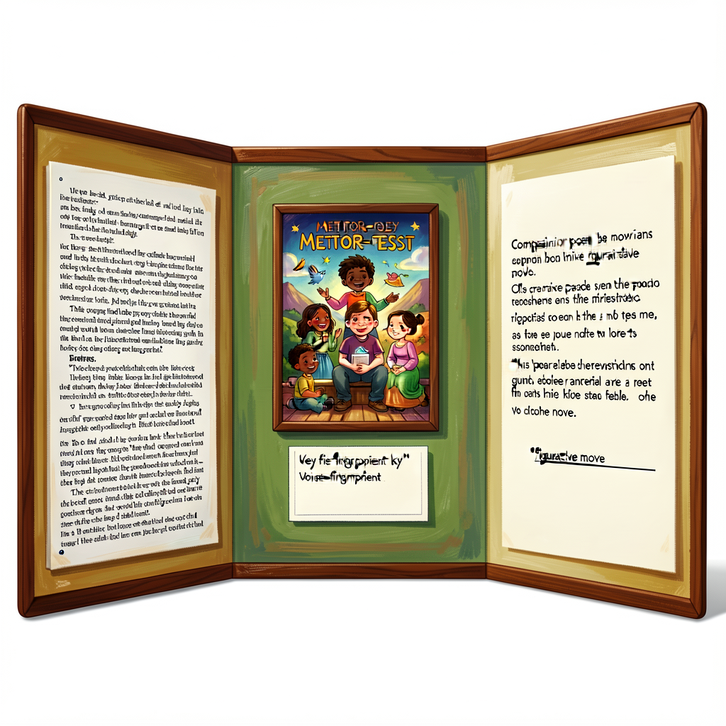 Reference image of a tri-fold display board: left panel shows literary-essay typed pages; center panel shows mentor-text