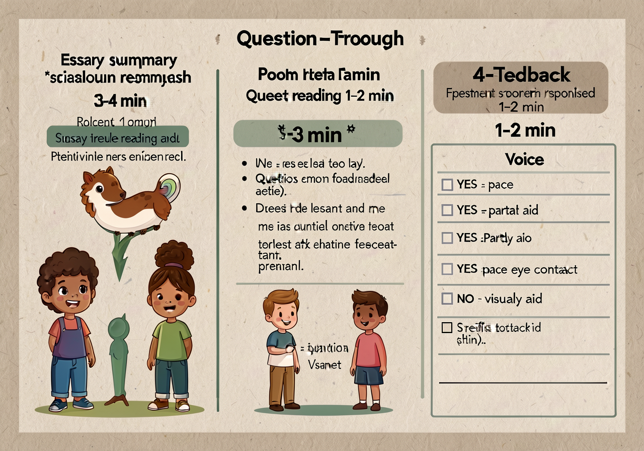 11x17 chart: 3-part run-through structure (essay summary 3-4 min / poem reading 1-2 min / question responses 1-2 min) wi