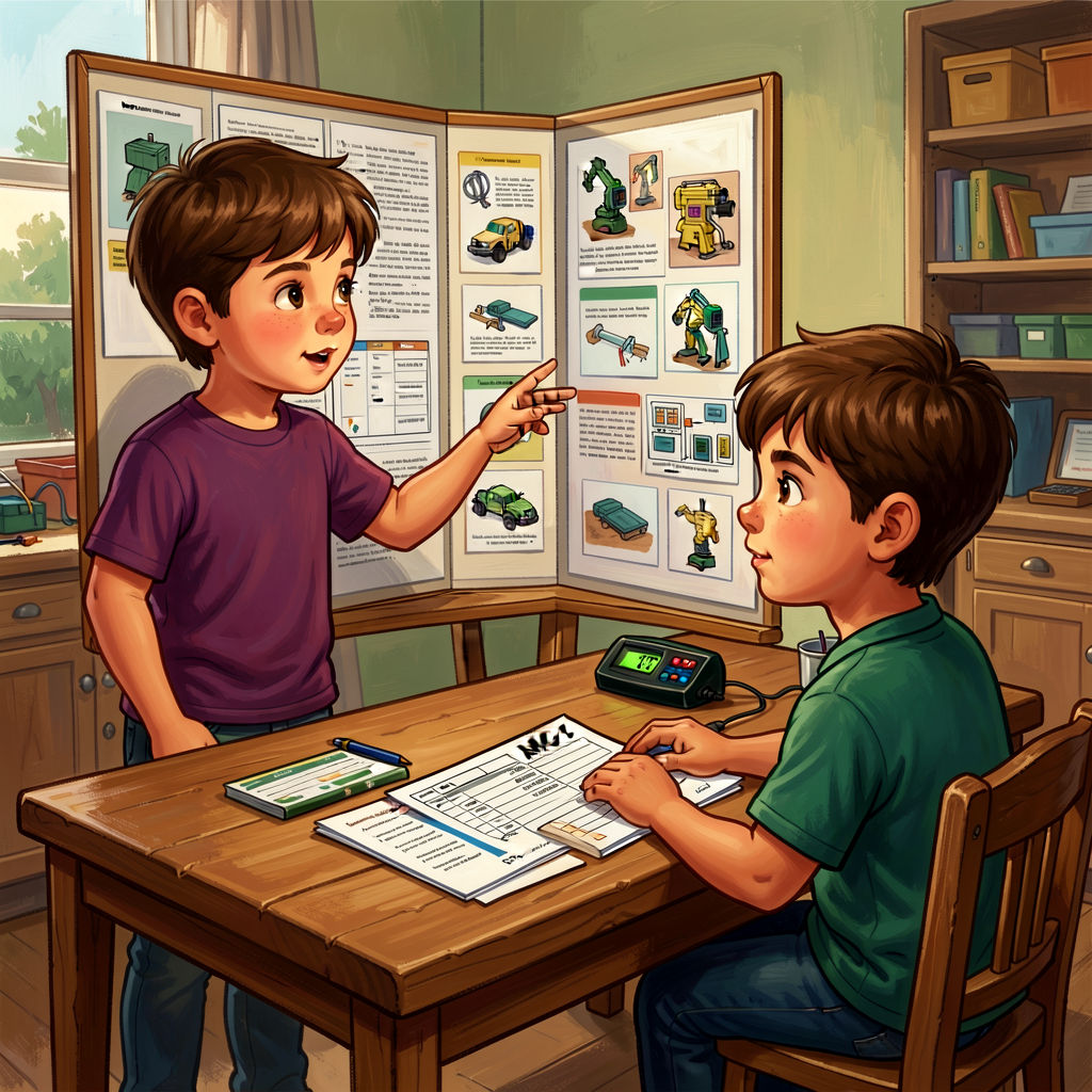Reference image of two children at a workshop table: one standing with tri-fold display board behind, hand gesturing to 