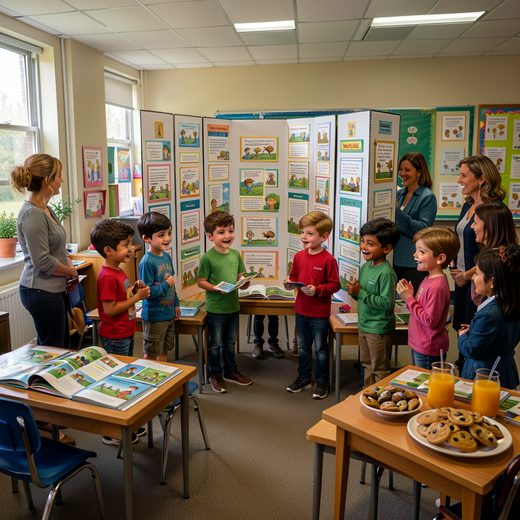 Photo (or photo-realistic illustration) of the classroom during Showcase: 6 children at tri-fold displays, visitors rota