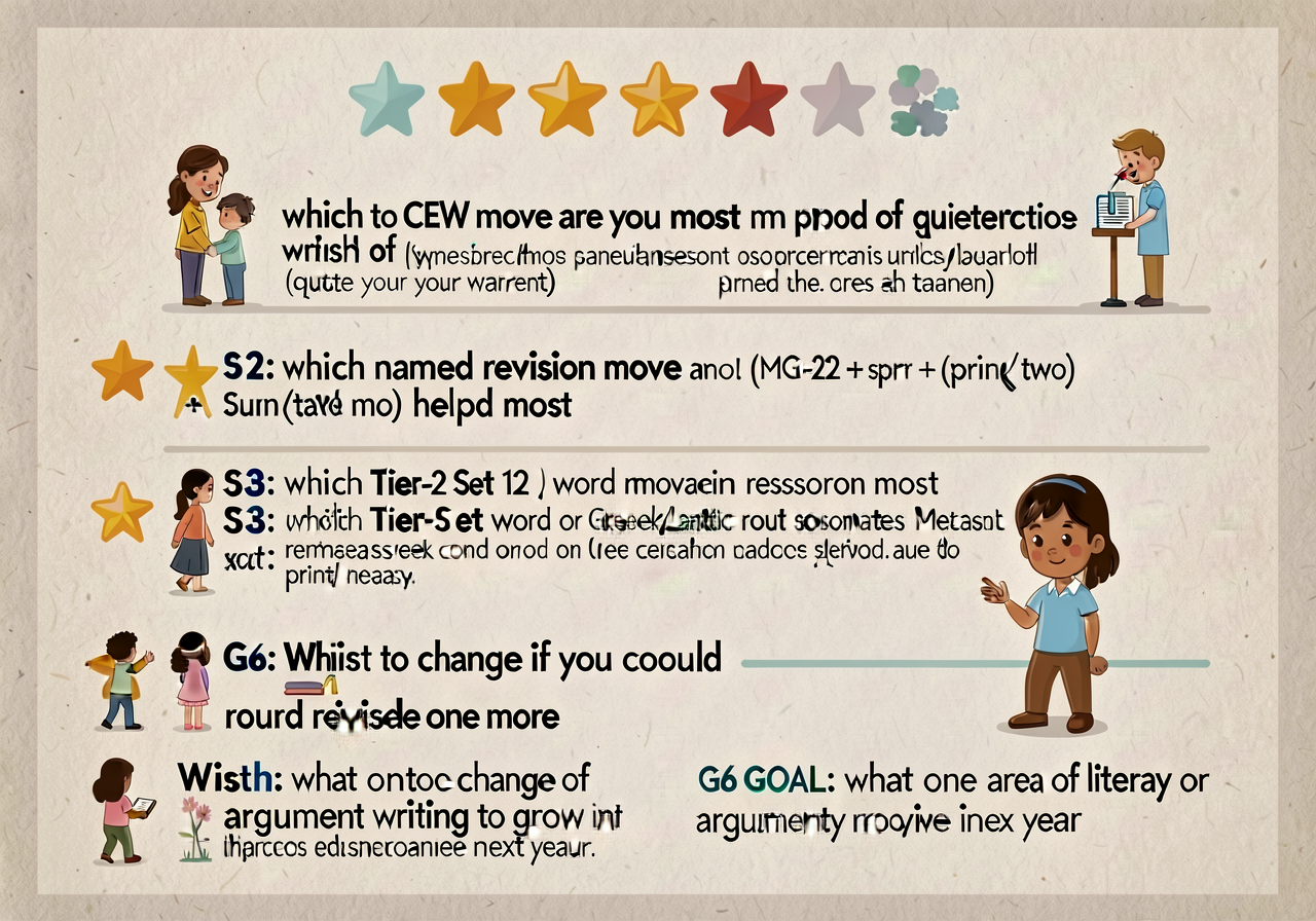 11x17 handout: 5 questions in 3-stars-and-a-wish format. Star 1: which CEW move are you most proud of (quote your warran