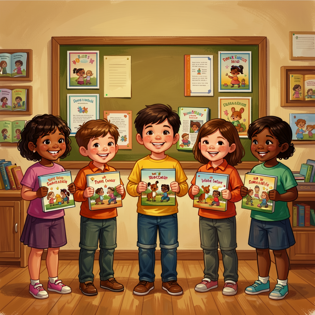 Reference image: line of Grade-5 children holding their publication booklets, smiling, in front of the classroom display