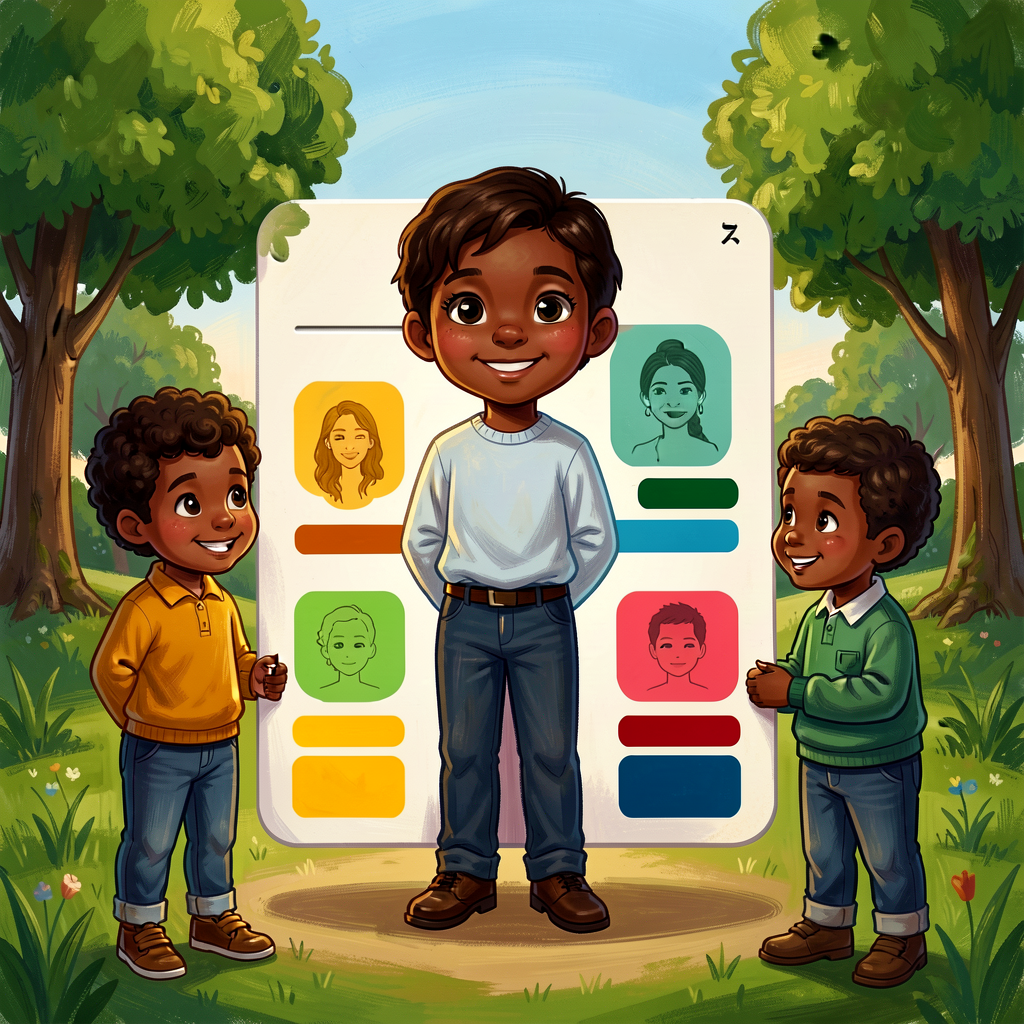 Reference image of completed voice-fingerprint card for Woodson with 5 elements filled in different colors. Print-ready 