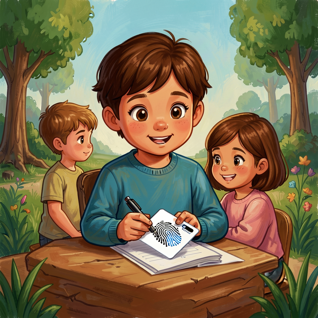 Reference image of voice-fingerprint card applied to child's own draft. Print-ready 8.5x11.