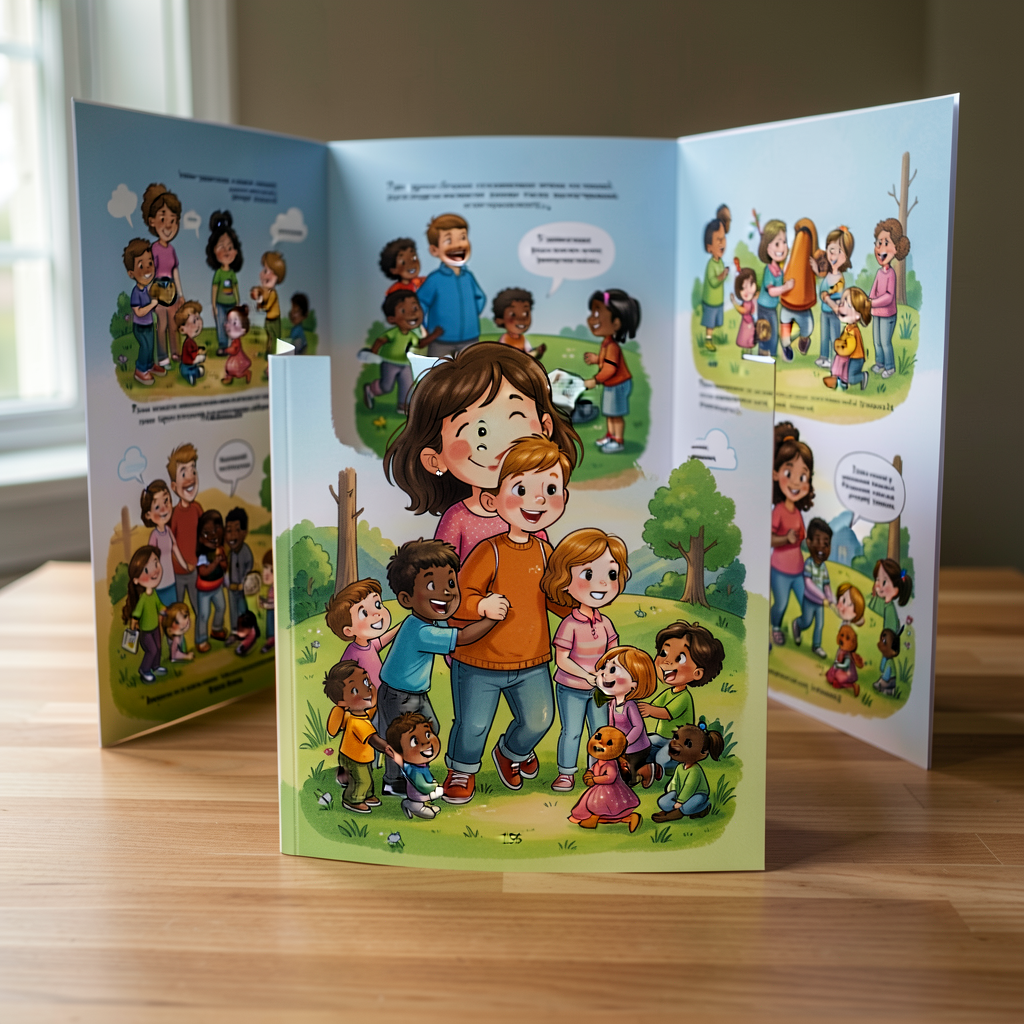 Photo of completed publication booklet with 5 parts visible and tri-fold display board behind. Print-ready 11x17.