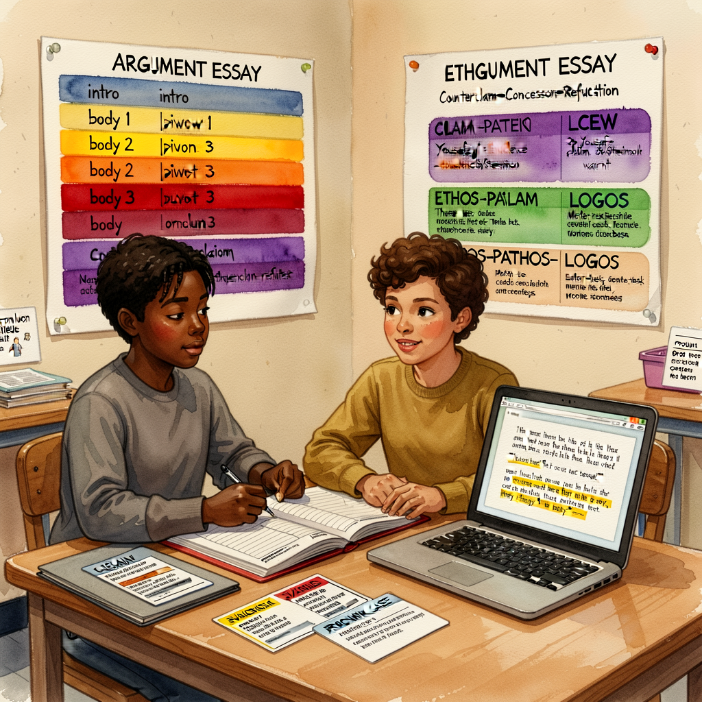 Unit-opener: a Grade-6 arguer at a workshop table with the argument-essay planner open, a research folder beside with tw