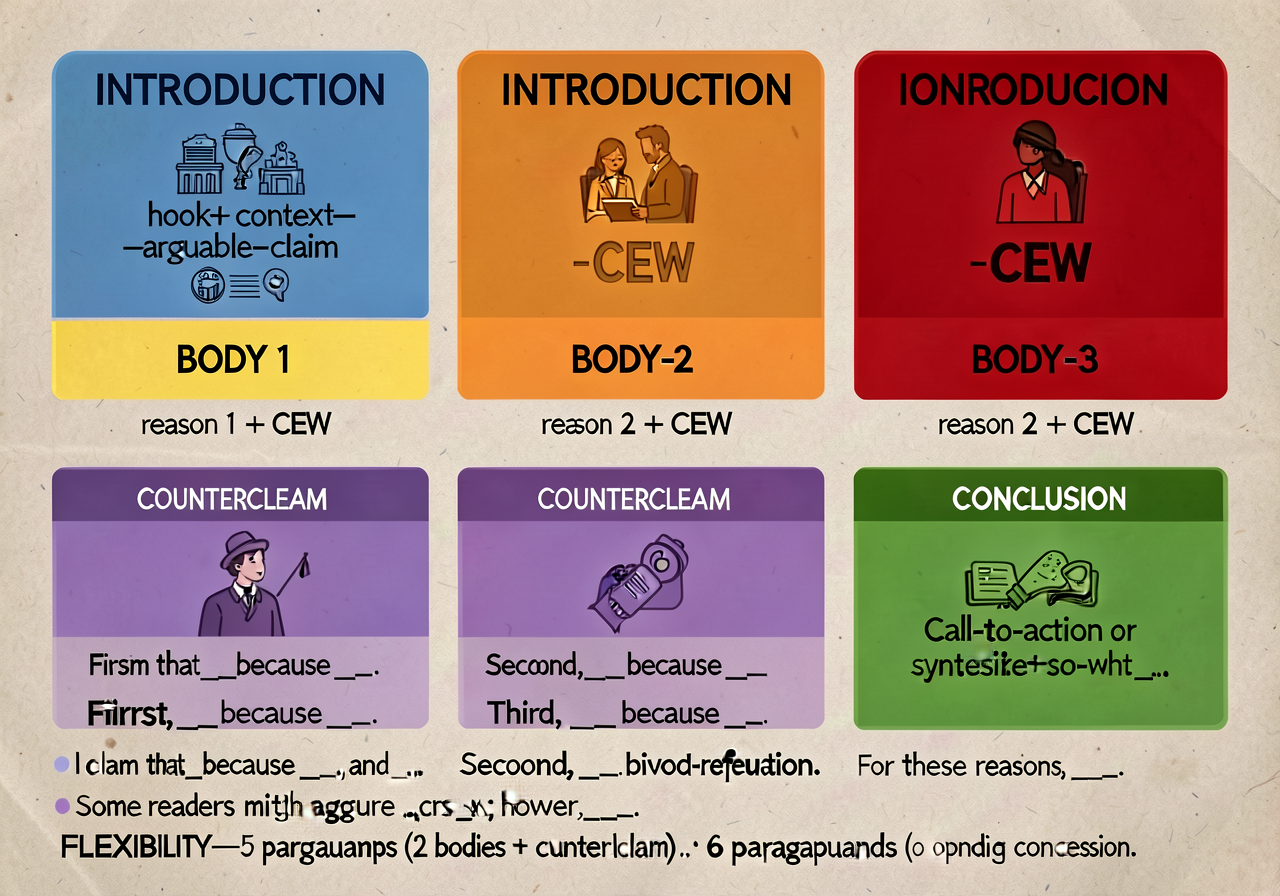 Argumentative-essay anatomy poster: 6 labeled boxes — INTRODUCTION (blue, with hook+context+arguable-claim icon), BODY 1