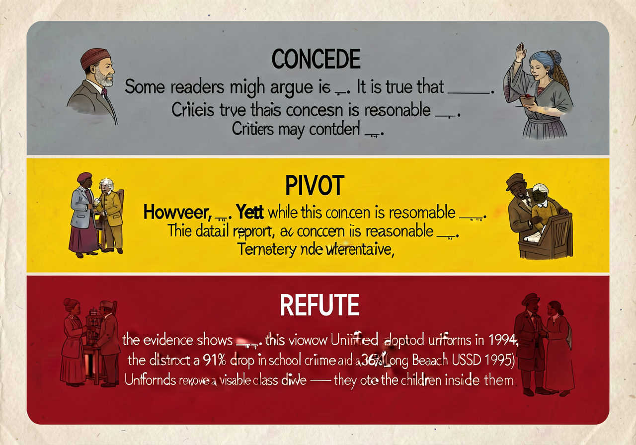 Counterclaim concession-pivot-refutation anchor: 3-band stacked card. CONCEDE (gray, top — 'name the opposing view fairl
