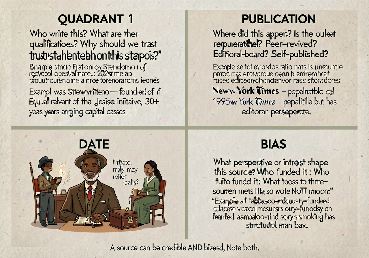 Source-evaluation 4-criteria anchor: 4-quadrant card. QUADRANT 1 (top-left) — AUTHOR EXPERTISE: 'Who wrote this? What ar