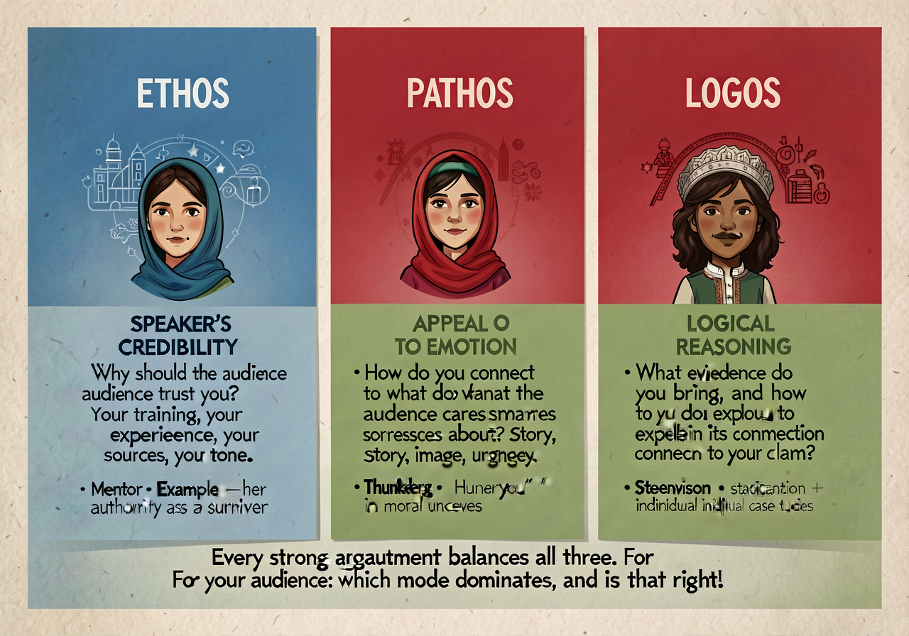 Ethos / Pathos / Logos anchor (Aristotle adapted): 3-band card. ETHOS (blue) — the SPEAKER'S CREDIBILITY: 'Why should th