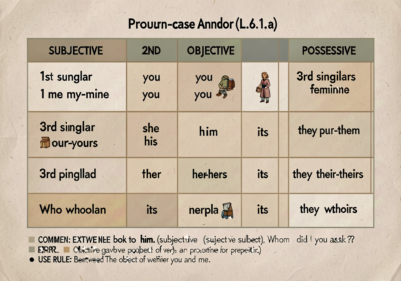 Pronoun-case anchor (L.6.1.a): 3-case 6-row chart. Columns = SUBJECTIVE / OBJECTIVE / POSSESSIVE. Rows = 1st singular (I