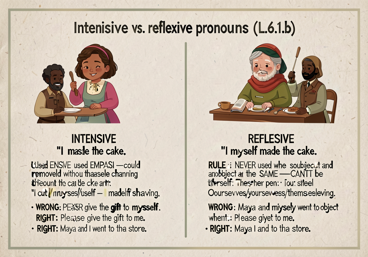 Intensive vs. reflexive pronouns anchor (L.6.1.b): 2-column card. INTENSIVE (used for EMPHASIS — could be removed withou