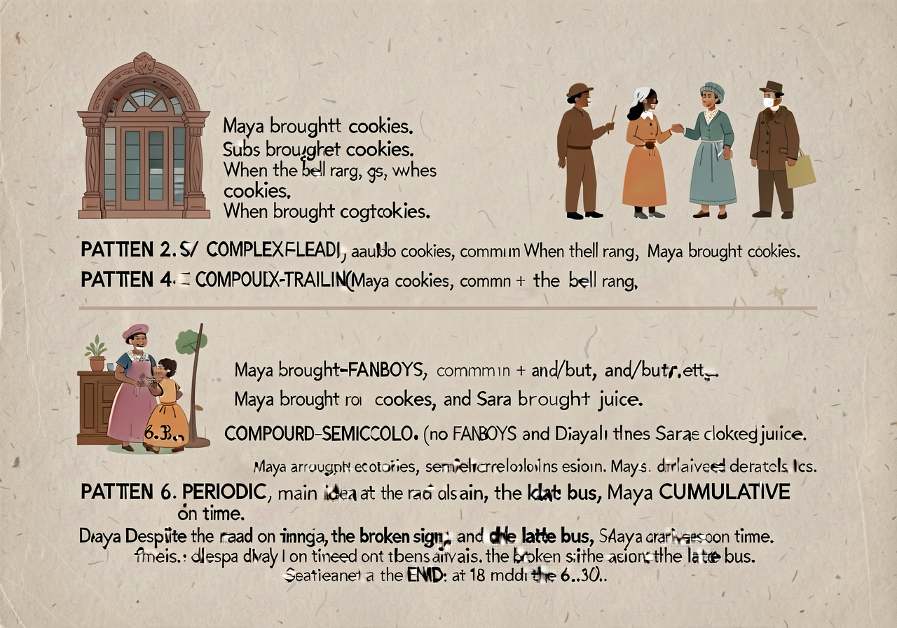 Sentence-pattern variation anchor (L.6.3.a): 6-pattern card. PATTERN 1 — SVO (subject-verb-object): 'Maya brought cookie