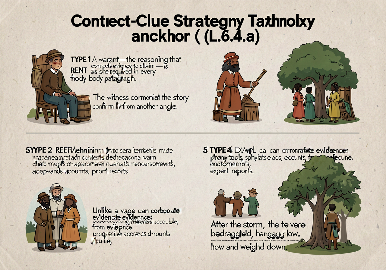 Context-clue strategy taxonomy anchor (L.6.4.a): 5-type card. TYPE 1 — DEFINITION (the word is directly defined nearby):