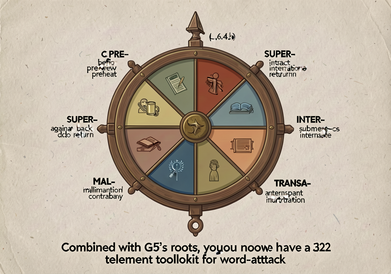 Greek/Latin affixes wheel anchor (L.6.4.b): wheel with 8 wedges. PRE- (before — preview, predict, preheat). RE- (again o