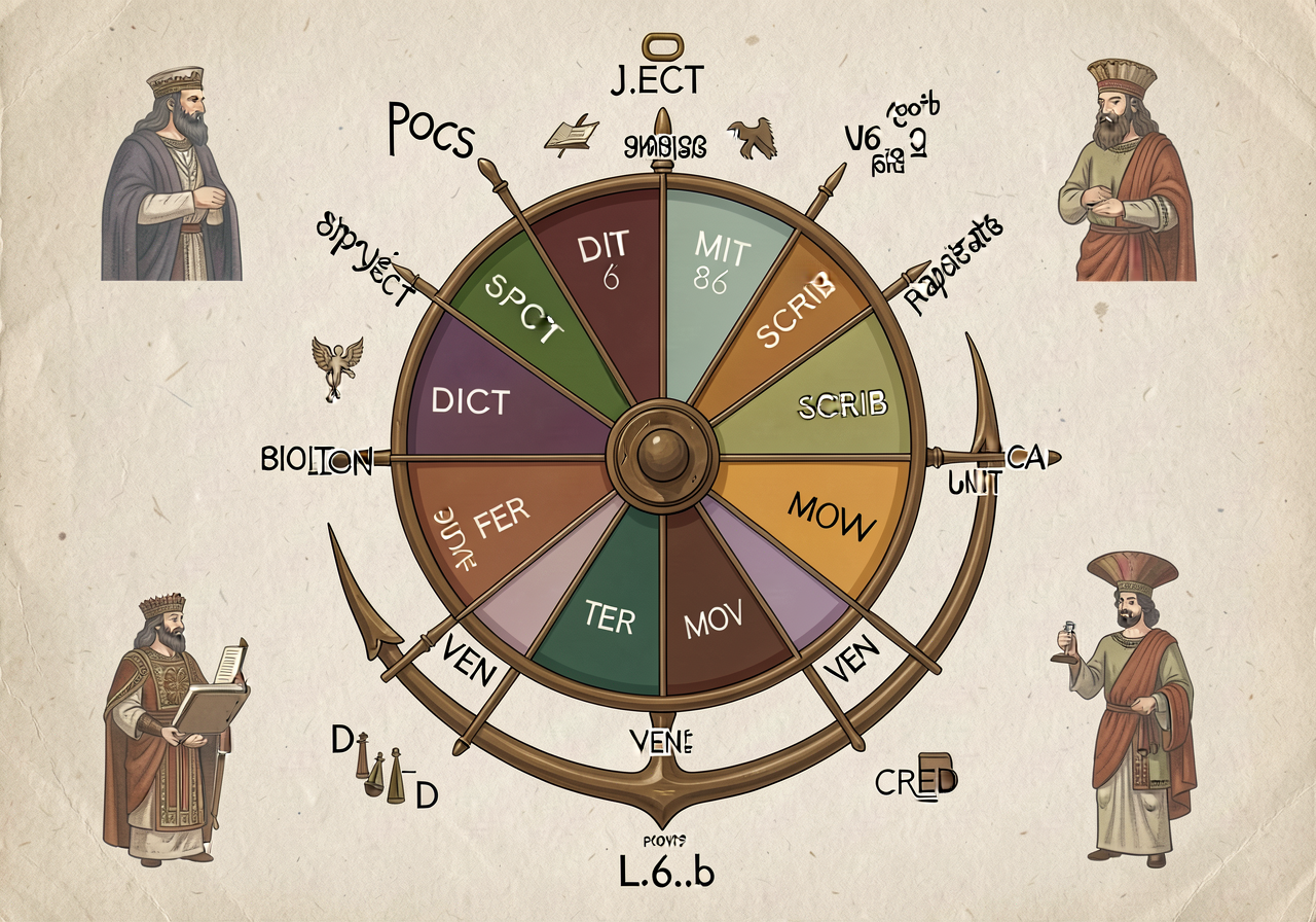 Greek/Latin roots extension wheel anchor (L.6.4.b): wheel with 12 wedges completing the 32-root G6 toolkit. JECT (Latin 