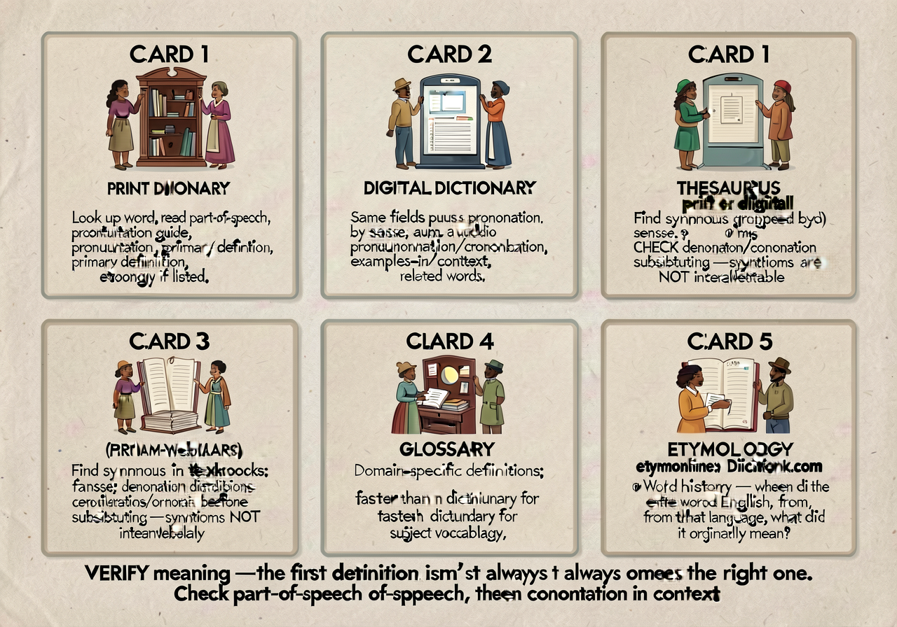 Reference-material literacy anchor (L.6.4.c-d): 5-card grid. CARD 1 — PRINT DICTIONARY: 'Look up word; read part-of-spee