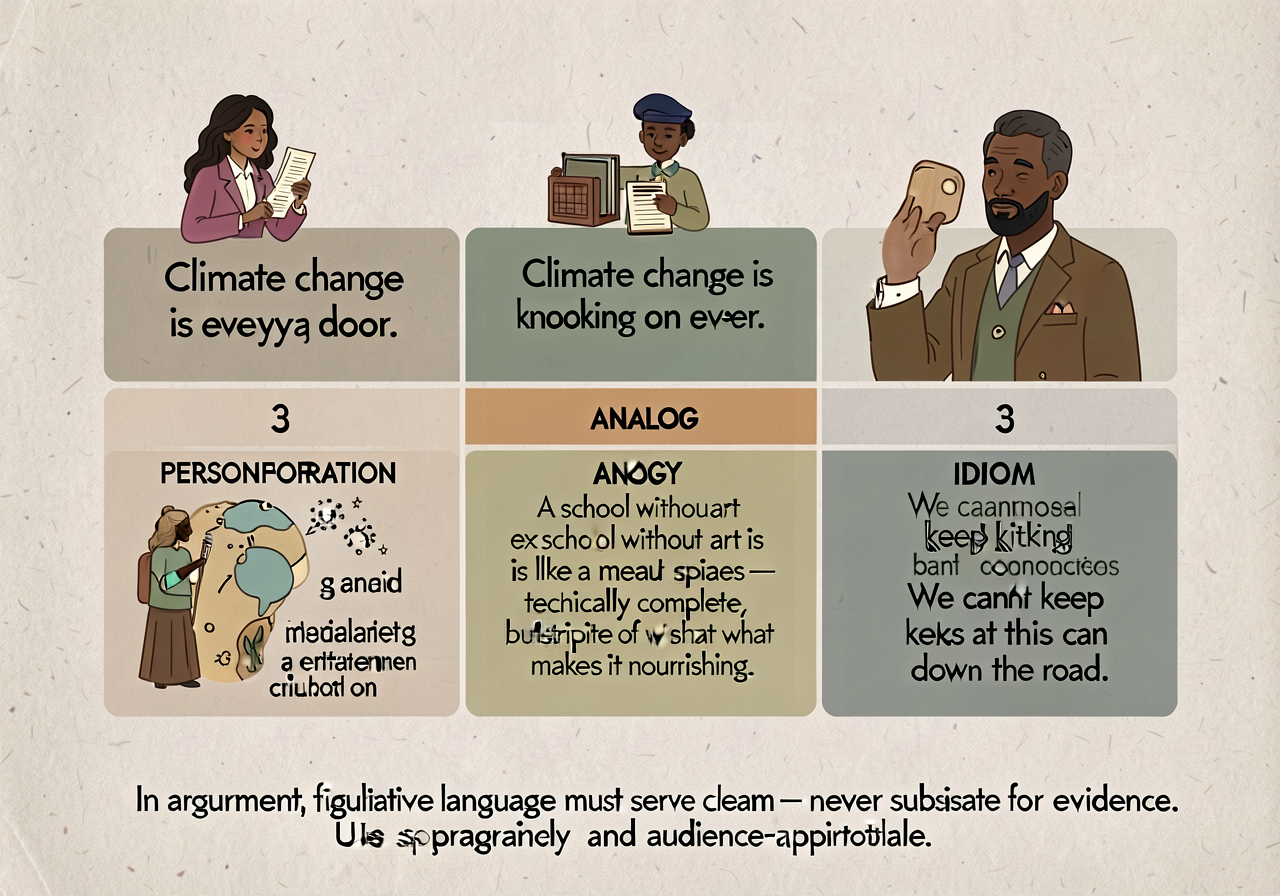 Figurative-language for argumentation anchor (L.6.5.a): 3-category card. PERSONIFICATION (human qualities to non-human —